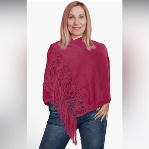 Tinkuy‎ Maroon 100% Alpaca From Peru Wide Fringe Flower Crochet Scarf NWT